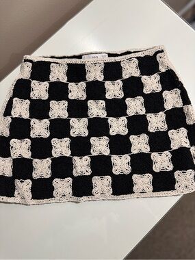 Mango Black and Cream Crochet Checkerboard Mini Skirt